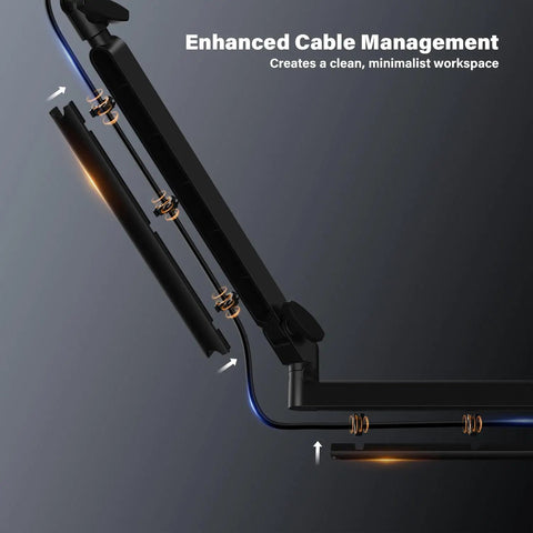 Heavy Duty Low Profile Microphone Boom Arm Stand For Gaming And Streaming With Solid Aluminum Build, showcasing cable management.