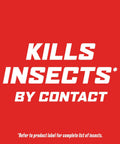 Red text graphic highlighting 'Kills Insects* By Contact' for Outdoor Insect Killer Concentrate That Kills Ants, Spiders, Fleas And Ticks On Contact, Creates A Three Month Outdoor Bug Barrier For Lawn And Patio, 32 Ounce Bottle.