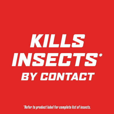 Red text graphic highlighting 'Kills Insects* By Contact' for Outdoor Insect Killer Concentrate That Kills Ants, Spiders, Fleas And Ticks On Contact, Creates A Three Month Outdoor Bug Barrier For Lawn And Patio, 32 Ounce Bottle.