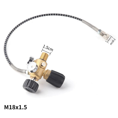 High Pressure M18x1.5 DIN Valve Adapter With Gauge For PCP Air Tanks Paintball And Air Rifles, 4500 Psi And 300 Bar, 24 Inch Soft Hose Scuba Fill Station, detailed view.