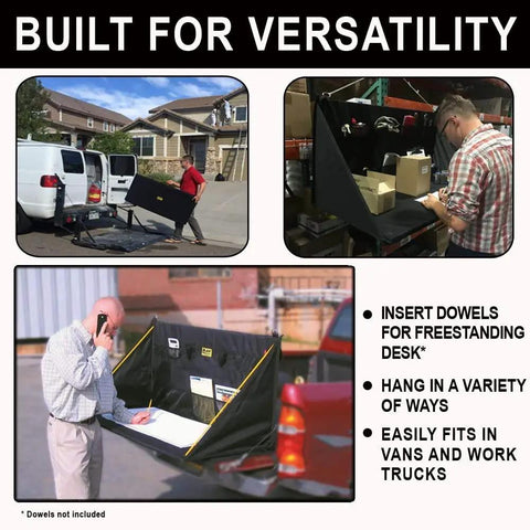Heavy Duty Portable Standing Desk Workstation For Jobsite And Garage Use Folds Flat For Easy Storage Adjustable Height Hanging Work Surface Black Finish Perfect For Shop Or Office used in various setups