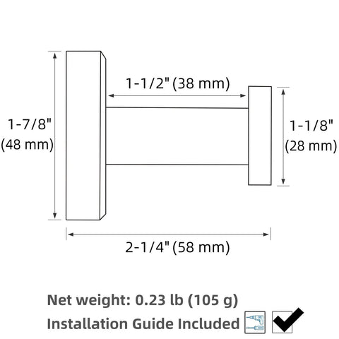 Diagram of Matte Black Robe Towel Hook With 11 Lb Capacity 304 Stainless Steel Round Heavy Duty Coat Hook dimensions