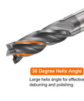 Close-up of Carbide Square Nose End Mill Bit Eleven Thirty Second Inch Cut Diameter Four Flutes TiAlN Coated Milling Cutter showing 30-degree helix.