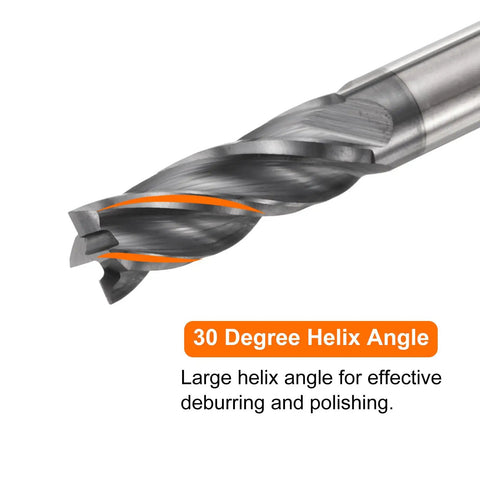 Close-up of Carbide Square Nose End Mill Bit Eleven Thirty Second Inch Cut Diameter Four Flutes TiAlN Coated Milling Cutter showing 30-degree helix.