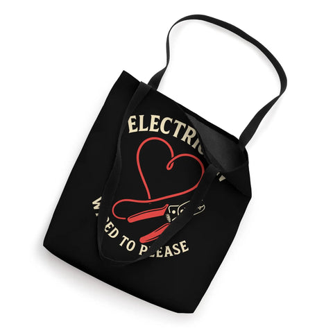 Badass Electrician Wired To Please Wire Stripper Heart Tote Bag Dope Funny Blue Collar Trade Gift, black canvas bag with red design.