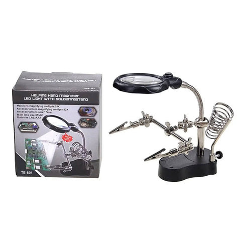 Box and assembled 4X LED Magnifier Soldering Station with Light, Adjustable Stand and Auxiliary Clips for DIY projects