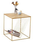 Straight Up Solid Industrial Wood Look End Table With Bottom Storage Shelf Slick Modern Side Desk Perfect For Bedroom Nightstand Living Room Couch Companion with gold frame and open shelf.