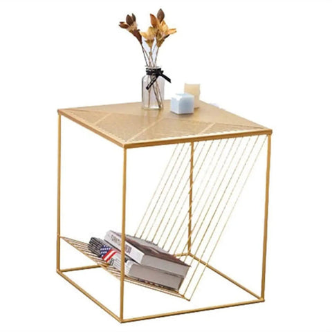 Straight Up Solid Industrial Wood Look End Table With Bottom Storage Shelf Slick Modern Side Desk Perfect For Bedroom Nightstand Living Room Couch Companion with gold frame and open shelf.