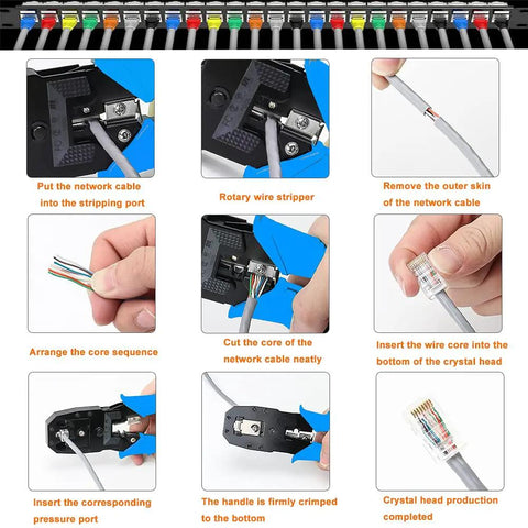 Step-by-step instructions on using Top Shelf RJ45 Network Cable Crimp Tool Kit For Cat5e Cat6 Wiring with digital tester.