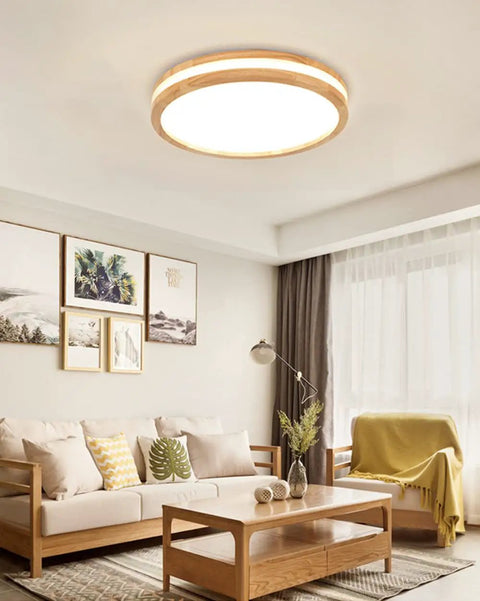 Wood LED Flush Mount Ceiling Light Modern Round Ceiling Lamp For Bedroom Living Room Hallway And Laundry 15.8 Inch 4000K Daylight