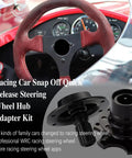 Universal Steering Wheel Quick Release Snap Off Hub Adapter Six Hole Boss Kit For Street Racing And Rally Mods Black Anodized Heavy Duty Aluminum Alloy Build mounted in racing car with red steering wheel.