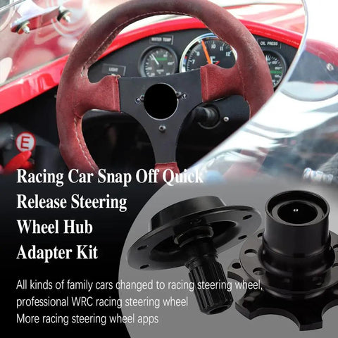 Universal Steering Wheel Quick Release Snap Off Hub Adapter Six Hole Boss Kit For Street Racing And Rally Mods Black Anodized Heavy Duty Aluminum Alloy Build mounted in racing car with red steering wheel.