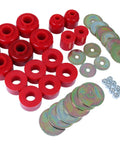Heavy Duty Polyurethane Sway Bar And Body Mount Bushing Set with red bushings and hardware for solid vehicle handling.