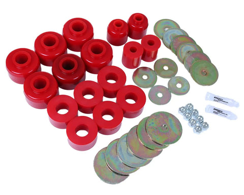 Heavy Duty Polyurethane Sway Bar And Body Mount Bushing Set with red bushings and hardware for solid vehicle handling.