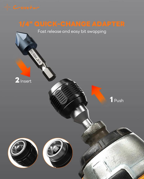 1/4" quick-change adapter for drill, allows fast bit swapping with a hex shank, suitable for various projects.