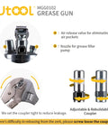 UTool MGG0102 grease gun with pistol grip, 8000 PSI, 14 oz capacity, 18-in resin hose and two couplers, front view