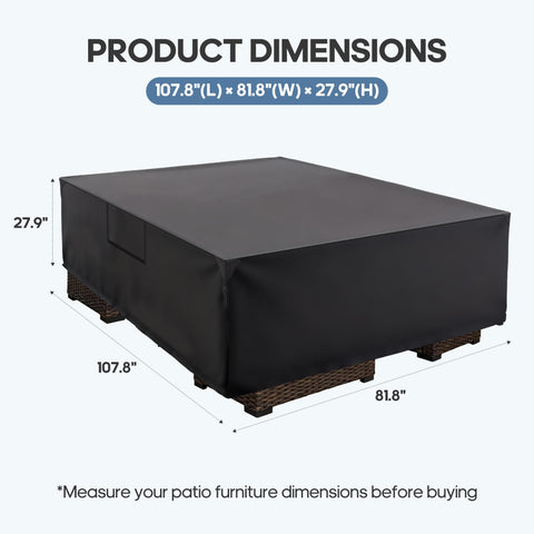Heavy Duty Outdoor Furniture Cover for Rectangular Patio Table and Chairs, 600D UV Resistant and Waterproof, dimensions shown