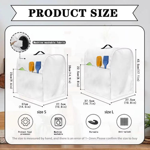 Product size chart for Boho Flower Chicken Pattern Mixer Cover For Stand Mixers And Small Appliances With Top Handle And Front Pocket Keepin It Clean Dustproof Polyester Kitchen Appliance Cover For Your Mixer Coffee Maker And More Two Sizes Small And Large showing dimensions, handle, and pocket.