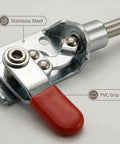 Close-up of Heavy Duty Toggle Clamp With 88 Lb Holding Power Anti Slip Latch For Woodworking And Welding, featuring red PVC grip and stainless steel