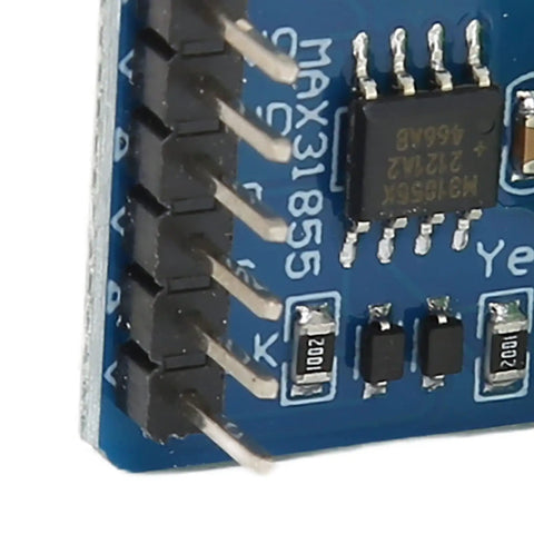 Close-up of Type K Thermocouple Module With MAX31855 Chip, Direct Digital Temperature Output Over SPI, Crazy Wide Range From -200 C To 1350 C, High Accuracy Sensor Board For Industrial And DIY Temperature Monitoring showing circuitry and chip.