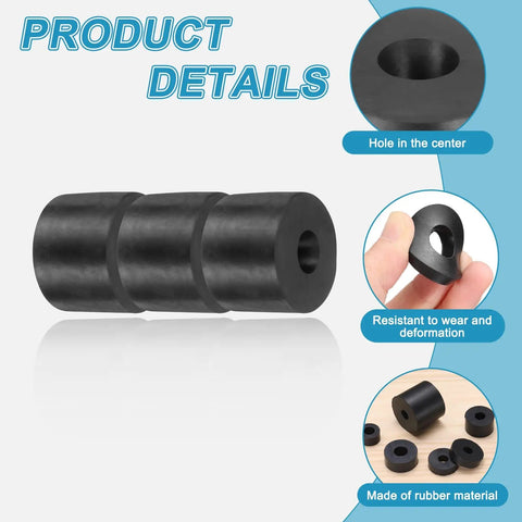 Set Of 8 Solid Rubber Spacers, 50mm O D By 18mm I D, 35mm Thick, Heavy Duty Anti Vibration Cushions, showing details and wear resistance.