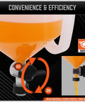 Slick No Drama Spill Proof Coolant Funnel Kit With Universal Adapter Bleeder showing orange liquid and switch for on/off control.