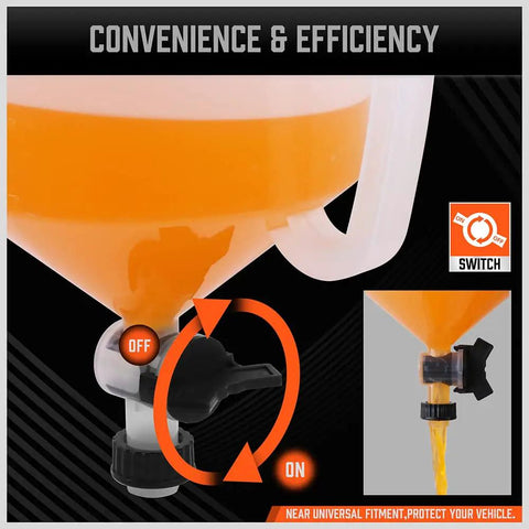 Slick No Drama Spill Proof Coolant Funnel Kit With Universal Adapter Bleeder showing orange liquid and switch for on/off control.