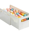 Adjustable Sliding Drawer Organizer With Telescopic Length For Kitchen And Office Seamless Expandable Closet Storage To Lock Down The Clutter; White storage container filled with colorful toys and blocks.