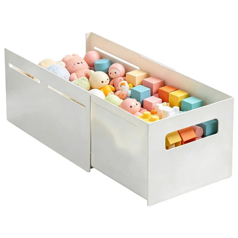 Adjustable Sliding Drawer Organizer With Telescopic Length For Kitchen And Office Seamless Expandable Closet Storage To Lock Down The Clutter; White storage container filled with colorful toys and blocks.