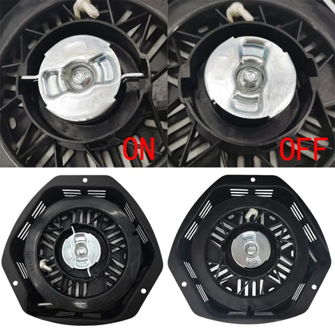 Heavy Duty Pull Start Assembly For Champion Generators 389cc 420cc 440cc 460cc 5000W 5500W 6500W 7500W 9000W Recoil Starter With Metal Shell Fits Most Models Easy Install Built Tough, front and bottom view showing on and off positions.