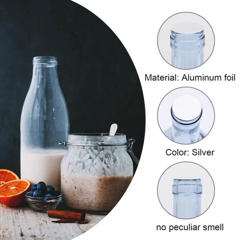 Premium Aluminum Foil Seal Gaskets For Plastic Bottles And Glass Containers shown on milk bottle and jar, silver color, aluminum material.