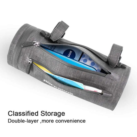 Front Frame Bike Handlebar Bag Waterproof Storage Bag With Large Capacity showing zippered compartments open with items inside