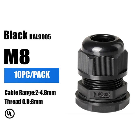 Black M8 nylon cable gland with IP68 waterproof rating, shown in 10-piece pack, cable range 2-4.8mm for electrical projects.