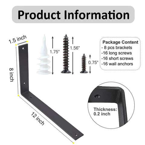 Heavy Duty 12 Inch L Shelf Brackets Set Black Metal Wall Mount Brackets With 5mm Thick Steel Includes Screws And Anchors for Shelving