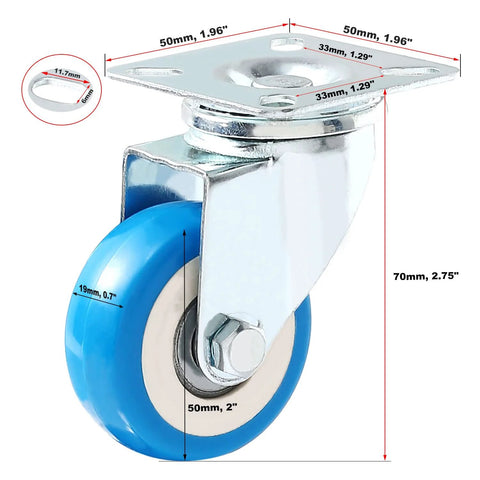 12 Pack 2 Inch Swivel Plate Caster Wheels Blue Polyurethane With 6 Brakes And 6 Non Brake Casters, 50mm Plate close-up
