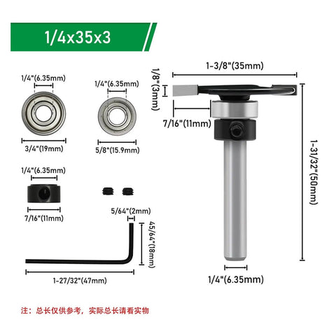 Premium 1/4 Inch T-Slot Router Bit With Precision Bearing Guide Dual Edge Grooving Cutter For Woodworking Workshop Jigs And Sliding Components with measurements and details.
