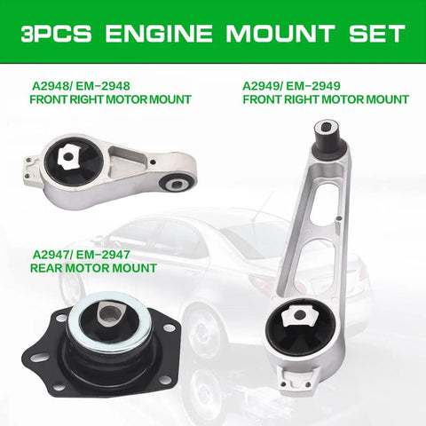 Chrysler Engine Mounts Set Of 3 For Neon And PT Cruiser Fits 2000 2002 Neon 2001 2010 PT Cruiser 2000 2005 Dodge Neon 2000 2005 Plymouth Neon OE Replacement Transmission Mounts A2949 A2948 A2947, with front and rear motor mounts displayed.