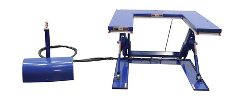 Heavy Duty Electric U Shaped Pallet Lift Table, 3000 Lb Capacity, Blue Powder Coated Steel Frame, Built Tough For Warehouse Work, No Sweat Loading And Unloading Rig Ready