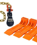 Two Ton Snatch Block With Chain For Tow Trucks And Wreckers 3 Inch Sheave Three Eighths Inch Wire Rope Grease Fittings Four Pack Interlocking Tire Skates For Rollback Wrecker Car Carrier Safety Orange displayed