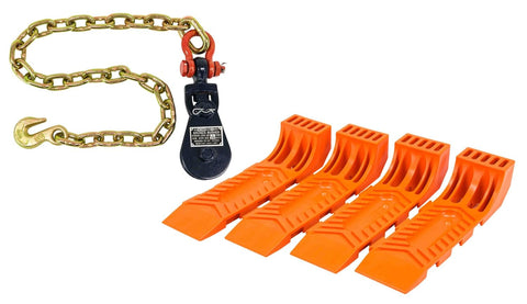 Two Ton Snatch Block With Chain For Tow Trucks And Wreckers 3 Inch Sheave Three Eighths Inch Wire Rope Grease Fittings Four Pack Interlocking Tire Skates For Rollback Wrecker Car Carrier Safety Orange displayed