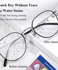 Pre-moistened lens cleaning wipes for glasses and screens; multicolor package shown with round eyeglasses before and after cleaning.