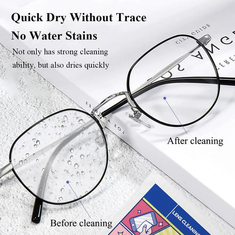 Pre-moistened lens cleaning wipes for glasses and screens; multicolor package shown with round eyeglasses before and after cleaning.