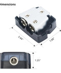 Dimensions view of Six Way Car Audio Power And Ground Distribution Block With One Input And Two Outputs For 0 2 4 Gauge Wires Beefy Brass Construction For Maximum Power Transfer Marine Grade Satin Chrome Finish And High Temperature Polycarbonate Base And Cover, 2.44 x 1.88 x 1.25 in