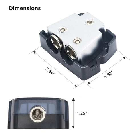 Dimensions view of Six Way Car Audio Power And Ground Distribution Block With One Input And Two Outputs For 0 2 4 Gauge Wires Beefy Brass Construction For Maximum Power Transfer Marine Grade Satin Chrome Finish And High Temperature Polycarbonate Base And Cover, 2.44 x 1.88 x 1.25 in