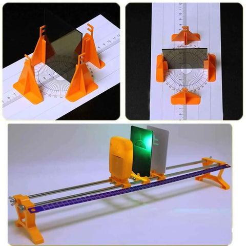 Pro Grade Optical Bench Set For Physics Classrooms Loaded With Heavy Duty Stands Clear Lenses And Bright LED Light Sources for refraction and reflection experiments.
