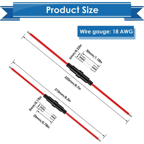 Heavy Duty Inline Fuse Holders And Fast Blow Glass Fuses Assorted Pack With 5x20mm And 6x30mm Ranges shown with dimensions and wire details.