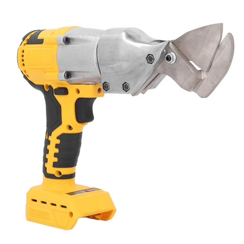 Heavy Duty Cordless Metal Shear Cutter With Powerful Brushless Motor, 20V Li Ion Battery, Yellow Finish, side view.