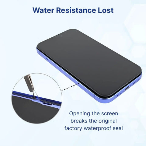 Side view of iPhone with opened screen showing loss of water resistance in repair, highlighting factory waterproof seal broken.
