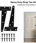 Four Piece T Strap Hinges Four Inch Heavy Duty Gate Hinges For Barn Doors Wooden Panels Farm Fences And Workshop Sheds Built Like A Tank For No Sweat Install displayed with screws and installed door.