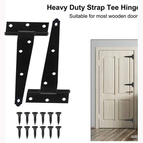 Four Piece T Strap Hinges Four Inch Heavy Duty Gate Hinges For Barn Doors Wooden Panels Farm Fences And Workshop Sheds Built Like A Tank For No Sweat Install displayed with screws and installed door.
